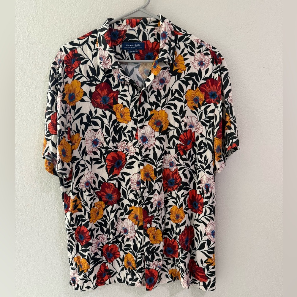 Zara Man Floral Button-Up Short Sleeve Shirt Size XL